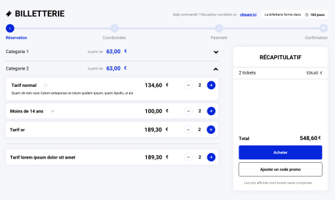 Exemple d'une billetterie intégrable sur un site internet